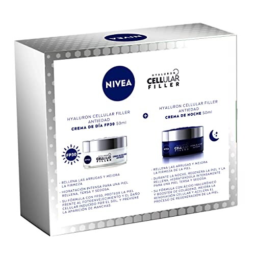 NIVEA Hyaluron Cellular Filler (2 x 50 ml), pack de cremas antiedad, set de regalo con crema de día FP30 y crema de noche, cremas reafirmantes con ácido hialurónico