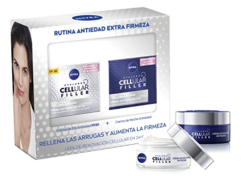 NIVEA Hyaluron Cellular Filler (2 x 50 ml), pack de cremas antiedad, set de regalo con crema de día FP30 y crema de noche, cremas reafirmantes con ácido hialurónico