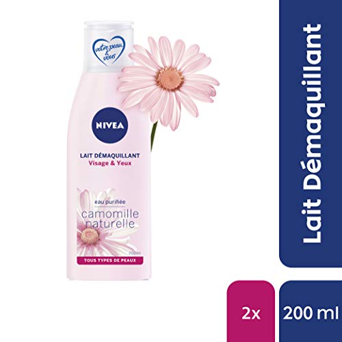 Nivea - Leche desmaquillante facial y ojos (2 x 200 ml), leche desmaquillante para ojos, limpiador facial enriquecido con manzanilla y agua purificada, cuidado facial para mujer para toda la piel.