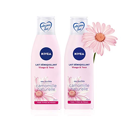 Nivea - Leche desmaquillante facial y ojos (2 x 200 ml), leche desmaquillante para ojos, limpiador facial enriquecido con manzanilla y agua purificada, cuidado facial para mujer para toda la piel.