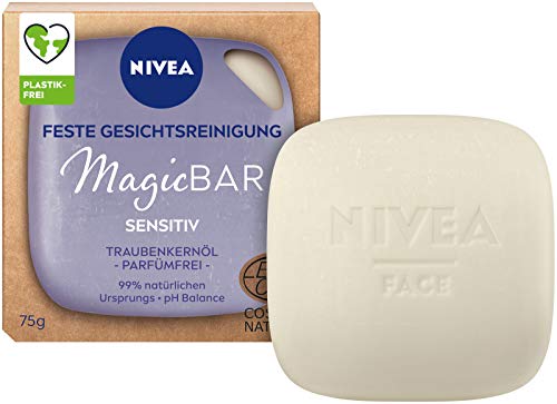 NIVEA MagicBar Sensitiv - Limpiador facial fijo, 75 g, sin perfume, cosmética natural certificada con aceite de pepitas de uva