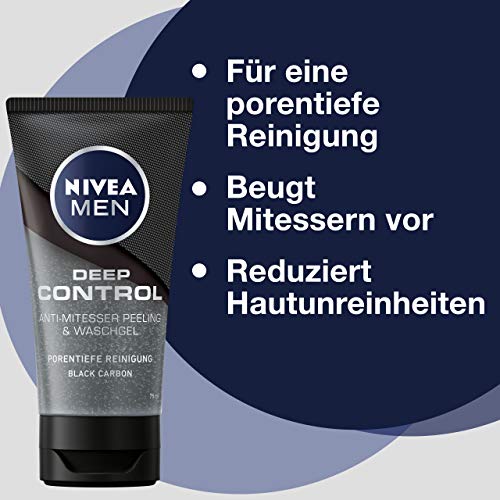 Nivea Men Deep Control - Gel exfoliante antiespinillas y gel de lavado, 1 envase de 75 ml, limpieza facial, limpieza profunda de los poros con exfoliante para la cara