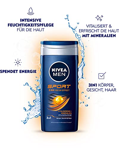 NIVEA MEN Gel de ducha deportivo (250 ml), gel de ducha revitalizante y nutritivo con minerales, ducha refrescante para hombres activos.