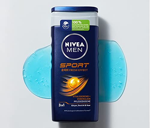 NIVEA MEN Gel de ducha deportivo (250 ml), gel de ducha revitalizante y nutritivo con minerales, ducha refrescante para hombres activos.