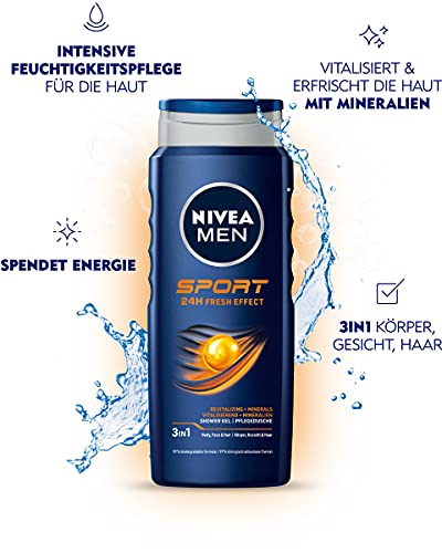 NIVEA MEN Gel de ducha deportivo (400 ml), gel de ducha revitalizante y nutritivo con minerales, ducha refrescante para hombres activos.