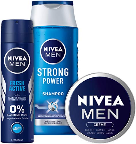 NIVEA MEN Travel Buddy Set de regalo para hombres con desodorante en spray, champú, crema hidratante para cara, manos y cuerpo y neceser, (250 ml + 150 ml + 150 ml)