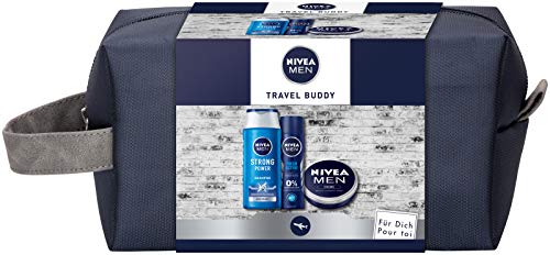 NIVEA MEN Travel Buddy Set de regalo para hombres con desodorante en spray, champú, crema hidratante para cara, manos y cuerpo y neceser, (250 ml + 150 ml + 150 ml)