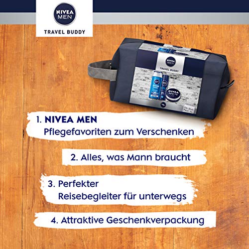 NIVEA MEN Travel Buddy Set de regalo para hombres con desodorante en spray, champú, crema hidratante para cara, manos y cuerpo y neceser, (250 ml + 150 ml + 150 ml)