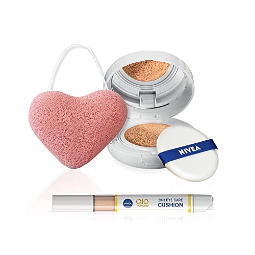 Nivea Q10 Plus Antiarrugas Skin Care Cushion - Crema de color antiedad 3 en 1 y Eye Care Cushion - Corrector para ojeras, de regalo la esponja Konjac para la limpieza y la detección del rostro