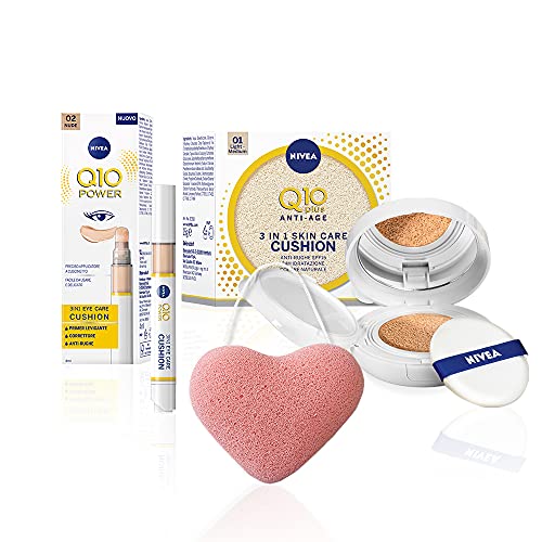 Nivea Q10 Plus Antiarrugas Skin Care Cushion - Crema de color antiedad 3 en 1 y Eye Care Cushion - Corrector para ojeras, de regalo la esponja Konjac para la limpieza y la detección del rostro