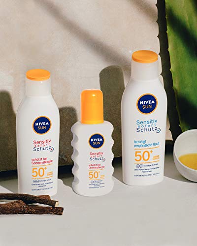 NIVEA Sun Sensitiv Protección inmediata en spray solar antialergia solar SPF 50+ (200 ml), spray solar nutritivo para pieles sensibles, leche solar como práctico spray