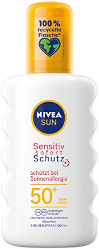 NIVEA Sun Sensitiv Protección inmediata en spray solar antialergia solar SPF 50+ (200 ml), spray solar nutritivo para pieles sensibles, leche solar como práctico spray