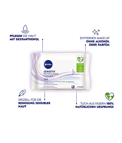 NIVEA Toallitas de limpieza sensibles 3 en 1 (paquete de 25), toallitas limpiadoras faciales suaves con dexpantenol, toallitas de maquillaje suaves para pieles sensibles