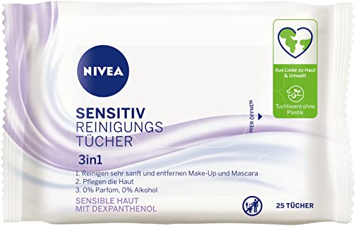 NIVEA Toallitas de limpieza sensibles 3 en 1 (paquete de 25), toallitas limpiadoras faciales suaves con dexpantenol, toallitas de maquillaje suaves para pieles sensibles