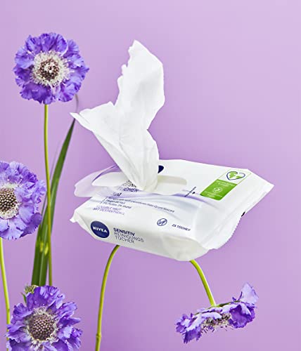 NIVEA Toallitas de limpieza sensibles 3 en 1 (paquete de 25), toallitas limpiadoras faciales suaves con dexpantenol, toallitas de maquillaje suaves para pieles sensibles