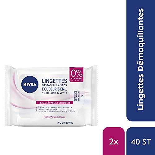 Nivea - Toallitas desmaquillantes 3 en 1 (2 x 40 ST), desmaquillante 3 en 1 para pieles secas y sensibles al aceite de almendras dulces, limpiador facial, ojos y labios