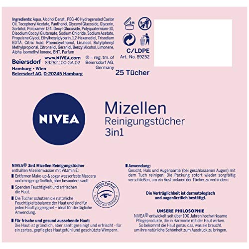 Nivea Toallitas limpiadoras micelares 3 en 1, suaves y desmaquillantes que proporcionan humedad y protección, edición limitada, 1 paquete (1 x 25 unidades)