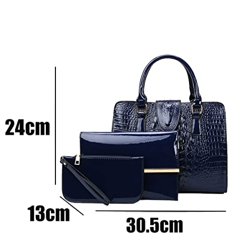 NIYUTA Bolsos de mano Mujer Bolsos bandolera patrón de cocodrilo Moda charol Bolsos totes Shoppers y bolsos de hombro 3 piezas azul