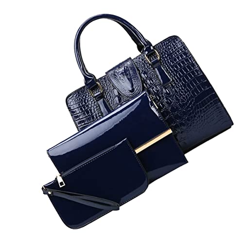 NIYUTA Bolsos de mano Mujer Bolsos bandolera patrón de cocodrilo Moda charol Bolsos totes Shoppers y bolsos de hombro 3 piezas azul