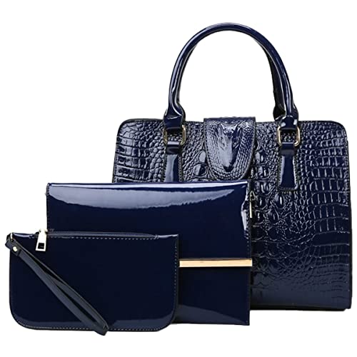 NIYUTA Bolsos de mano Mujer Bolsos bandolera patrón de cocodrilo Moda charol Bolsos totes Shoppers y bolsos de hombro 3 piezas azul