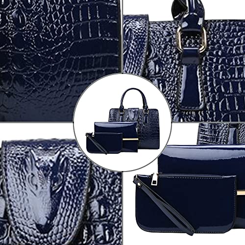 NIYUTA Bolsos de mano Mujer Bolsos bandolera patrón de cocodrilo Moda charol Bolsos totes Shoppers y bolsos de hombro 3 piezas azul