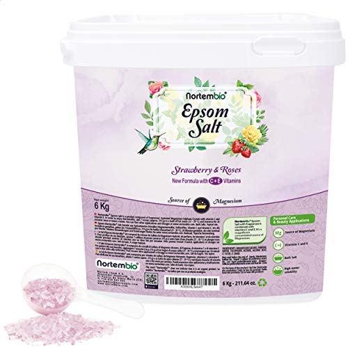 Nortembio Sal de Epsom 6 Kg. Fragancia Fresa y Rosas. Sal de Baño Hidratada con Vitamina C y E. Relajación de Músculos, Aromaterapia y Buen Sueño. E-Book Incluido.