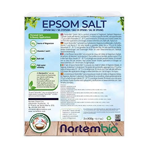 Nortembio Sales de Epsom Pack 3 x 430 g. Fragancias de Jazmín, Canela y Coco. Hidratadas con Vitamina C y E. Sales de Baño, Aromaterapia, Terapias de Flotación. E-Book Incluido.