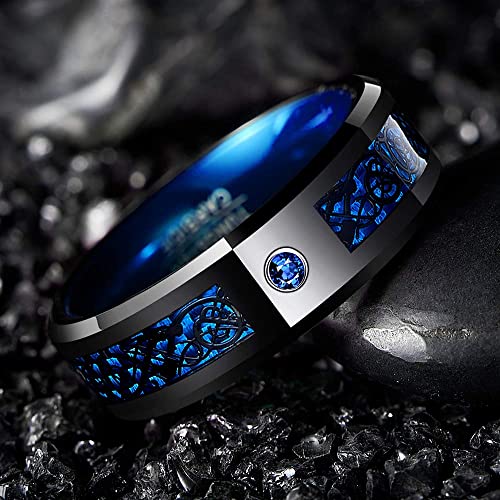 NUNCAD Anillo Hombre Mujer Unisex de Tungsteno con Zirconia Azul y Fibra Carbono 8mm Ancho Negro + Azul Celta para Boda Hobby y Estilo de Vida Talla 74(23.6mm)