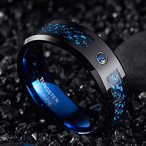 NUNCAD Anillo Hombre Mujer Unisex de Tungsteno con Zirconia Azul y Fibra Carbono 8mm Ancho Negro + Azul Celta para Boda Hobby y Estilo de Vida Talla 74(23.6mm)