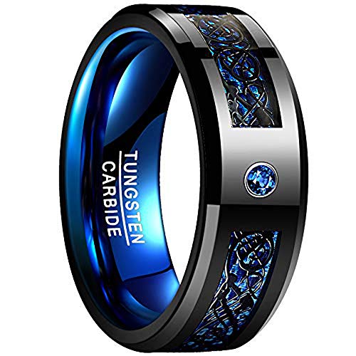 NUNCAD Anillo Hombre Mujer Unisex de Tungsteno con Zirconia Azul y Fibra Carbono 8mm Ancho Negro + Azul Celta para Boda Hobby y Estilo de Vida Talla 74(23.6mm)