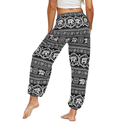 Nuofengkudu Mujer Hippies Yoga Pantalones Harem Baggy Tailandeses Boho Estampados Bolsillos Cintura Alta Baggy Pilates Pants Verano Playa Fiesta(X-Negro Elefante,Talla única)