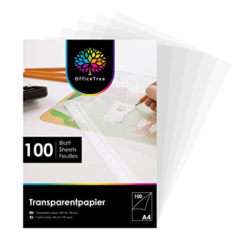 OfficeTree 100 Hojas de Papel Translucido A4 - Papel Vegetal 100 g/m - Papel Cebolla A4 - Papel Transparente Impresora para Manualidades - Imprimible por Ambos Lados