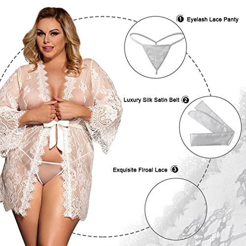 ohyeahlady Mujer Lencería Bata Transparente Talla Grande Ropa Interior Kimono Encaje para Dormir(Blanco, 3XL-4XL)