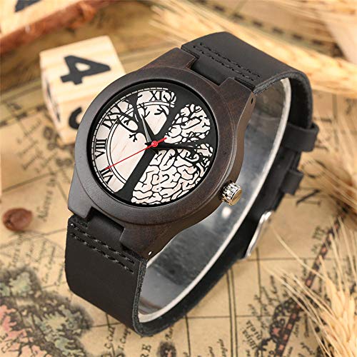 OIFMKC Reloj de Madera Pareja de Relojes de Madera Pantalla de árbol de la Vida Esfera Redonda Madera de ébano Amantes Casuales Reloj de Cuero Genuino Soporte Palabras grabadas,