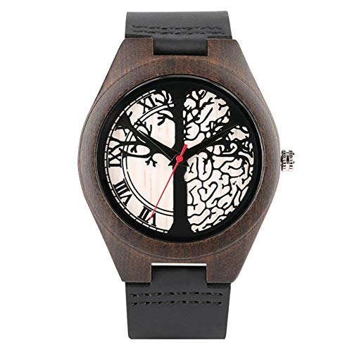 OIFMKC Reloj de Madera Pareja de Relojes de Madera Pantalla de árbol de la Vida Esfera Redonda Madera de ébano Amantes Casuales Reloj de Cuero Genuino Soporte Palabras grabadas,