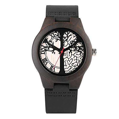 OIFMKC Reloj de Madera Pareja de Relojes de Madera Pantalla de árbol de la Vida Esfera Redonda Madera de ébano Amantes Casuales Reloj de Cuero Genuino Soporte Palabras grabadas,