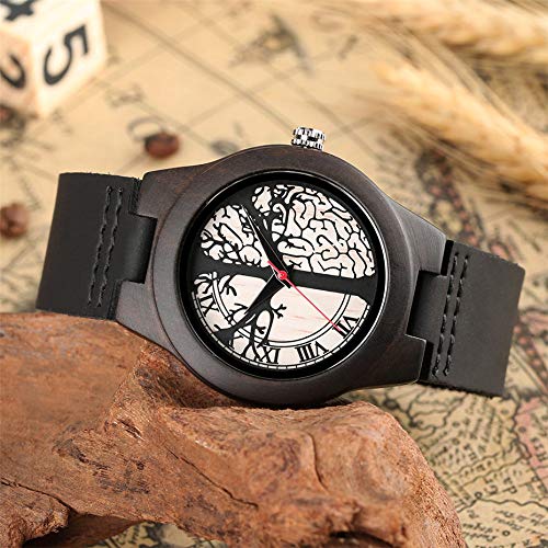 OIFMKC Reloj de Madera Pareja de Relojes de Madera Pantalla de árbol de la Vida Esfera Redonda Madera de ébano Amantes Casuales Reloj de Cuero Genuino Soporte Palabras grabadas,