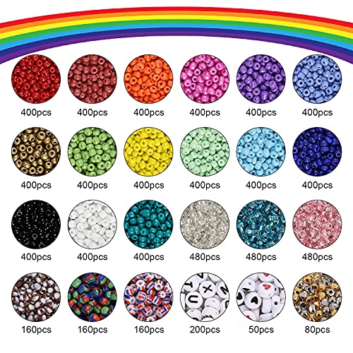 Olasfa 8270 Piezas Cuentas de Colores 3mm Cuentas de Vidrio Cristal Cuentas Abalorios Letras con Conchas Hilo Elástico Colgantes para Pulseras Collares Pendientes DIY Bisutería Artesania (8270 Pcs)