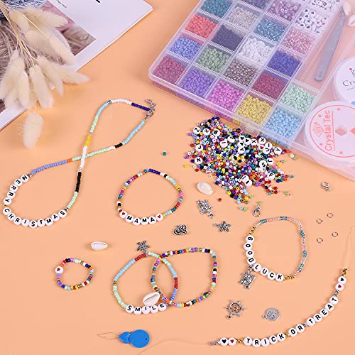 Olasfa 8270 Piezas Cuentas de Colores 3mm Cuentas de Vidrio Cristal Cuentas Abalorios Letras con Conchas Hilo Elástico Colgantes para Pulseras Collares Pendientes DIY Bisutería Artesania (8270 Pcs)