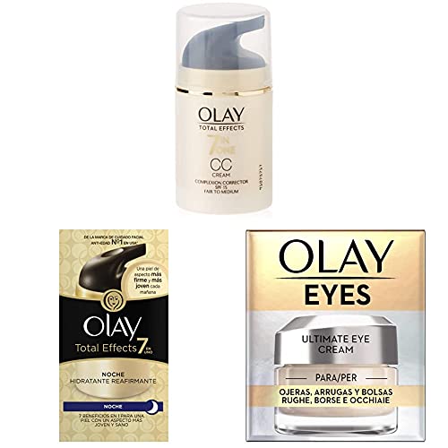 Olay Total Effects 7en1 CC Cream Hidratante Claro a Medio + 7 en 1 crema de noche hidratante reafirmante + Cream para Ojeras, Arrugas y Bolsas