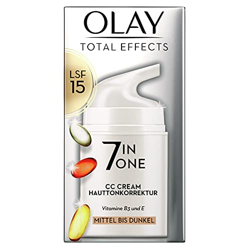 Olay Total Effects - Crema hidratante 7 en 1 CC con SPF 15 para mujeres, tipos de piel mediana a oscura 50 ml, crema de día con vitamina E, B3 y B5, cobertura inmediata y uniforme