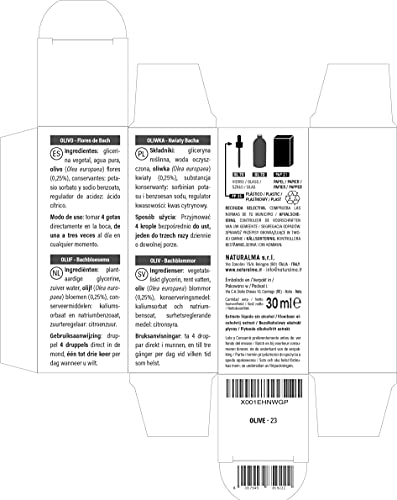 Olive o Olivo (Olea europaea) Flores de Bach Naturalma | No. 23 | Gotas 30 ml | Extracto líquido sin alcohol | Esencias florales | Vegano y libre de alcohol