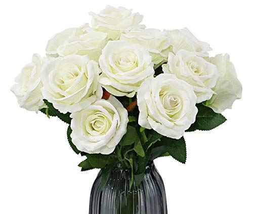 Olrla Flores artificiales de rosas blancas, 10 rosas de terciopelo de tallo largo para ramos de boda, hogar, hotel, oficina, decoración (10 blancas)