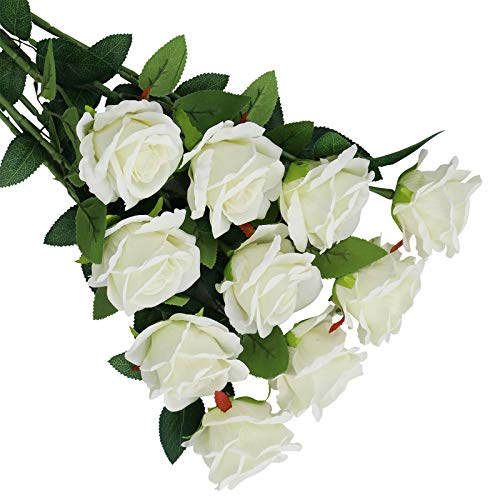 Olrla Flores artificiales de rosas blancas, 10 rosas de terciopelo de tallo largo para ramos de boda, hogar, hotel, oficina, decoración (10 blancas)