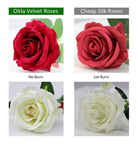 Olrla Flores artificiales de rosas blancas, 10 rosas de terciopelo de tallo largo para ramos de boda, hogar, hotel, oficina, decoración (10 blancas)