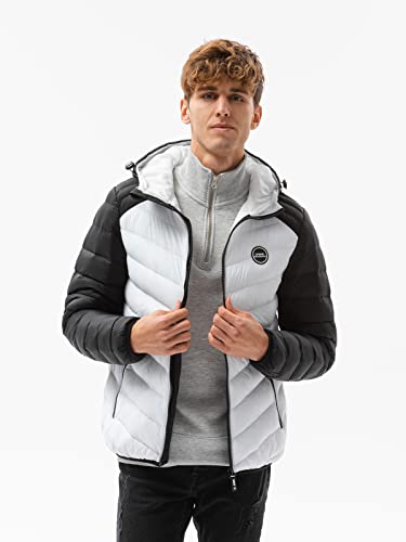 Ombre Chaqueta Acolchada Hombre de Invierno Otoño Cazadora de Plumas Chamarra con Capucha Abrigo de Invierno de Otoño Cortavientos Antiviento Jacket Poliéster 9 Colores S-XXL (L, Blanco)