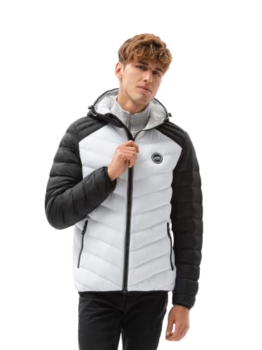 Ombre Chaqueta Acolchada Hombre de Invierno Otoño Cazadora de Plumas Chamarra con Capucha Abrigo de Invierno de Otoño Cortavientos Antiviento Jacket Poliéster 9 Colores S-XXL (L, Blanco)