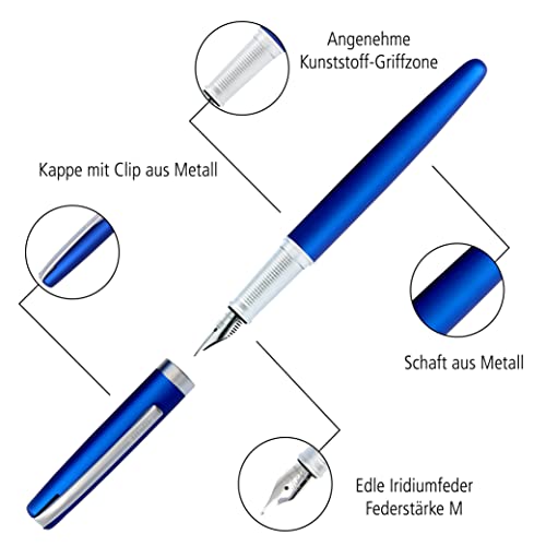 Online Eleganza - Juego de escritura (incluye bolígrafo, pluma estilográfica, estuche de piel auténtica), color azul satinado