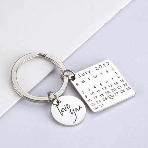 onlylove-handmade Fecha y Mensaje Grabados Personalizados Personalizados Calendario y Llavero de Acero Inoxidable Recuerdo conmemorativo (Plata)