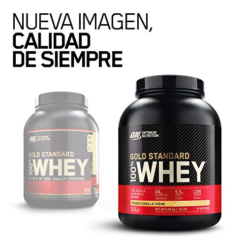 Optimum Nutrition Gold Standard 100% Whey Proteína en Polvo, Glutamina y Aminoácidos Naturales, BCAA, Crema de Vainilla Francesa, 76 Porciones, 2,28kg, Embalaje Puede Variar